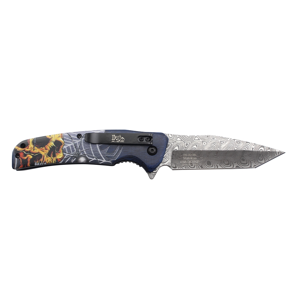 Dark Side Blades Assisted Knife Skull Silk Web Wood 3.7in Etched Tanto DS-2013BL View 3