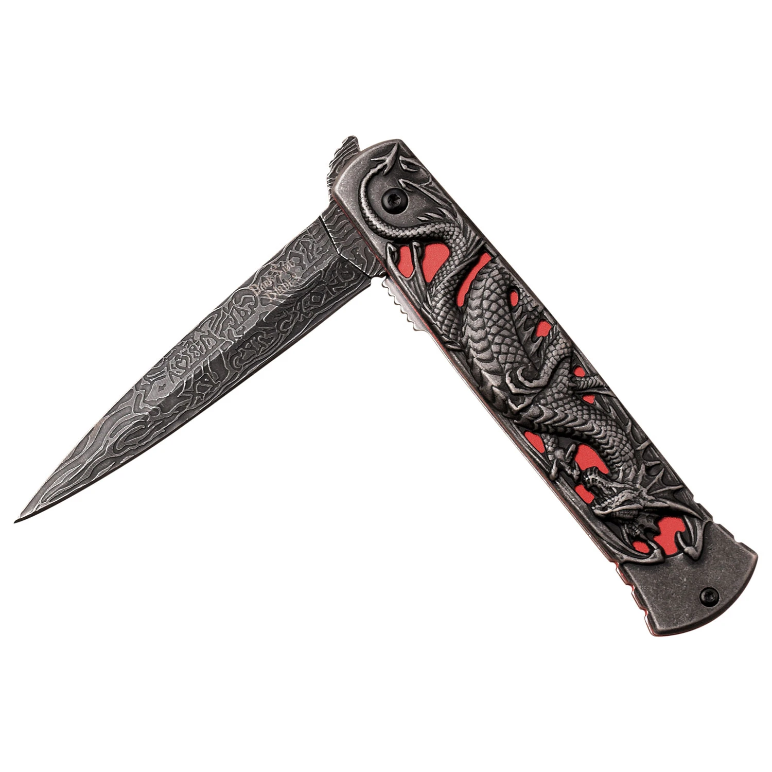 Dark Side Blades Assisted Knife Red 3D Dragon 3.75in Stonewash Dagger DS-A081RD View 2