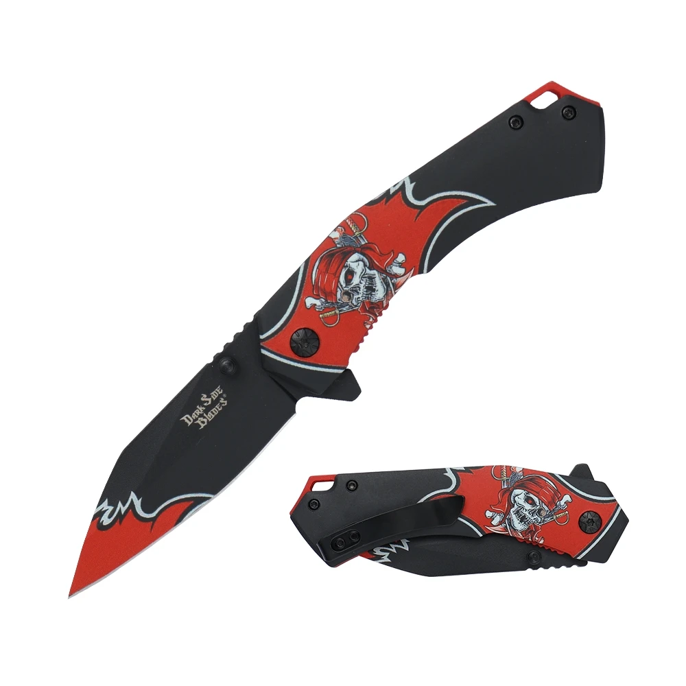 Dark Side Blades Orange Pirate Skull Assisted Knife 3.22 in Drop Point DS-A2004O View 1