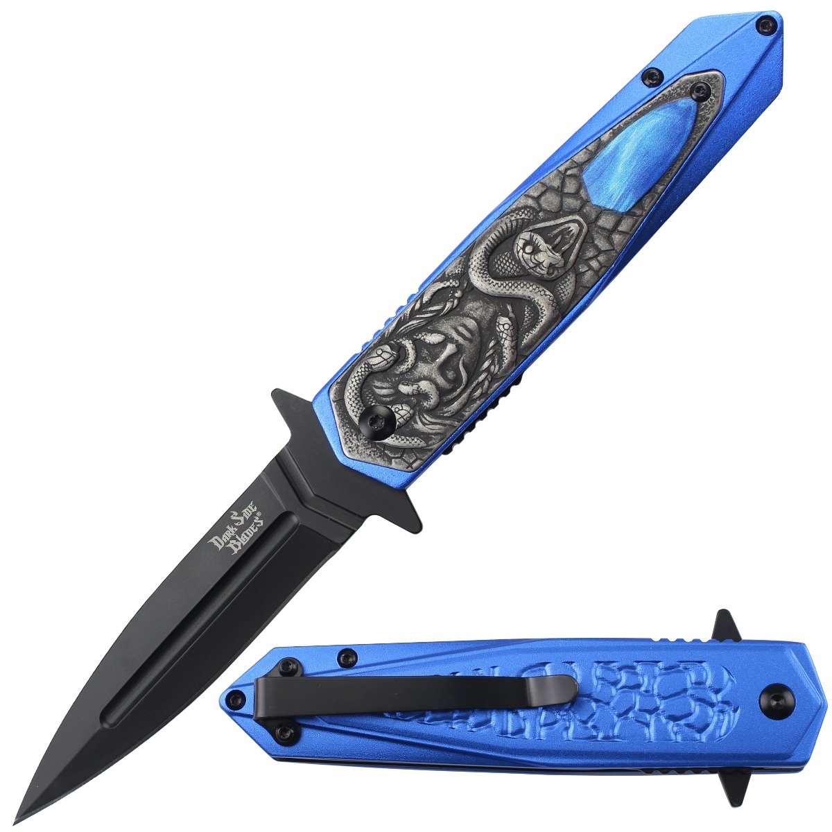 Dark Side Blades Assisted Knife Blue Medusa 3.74in Spear Point DS-A2028BL View 1