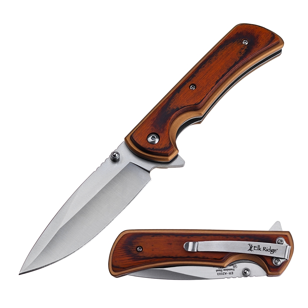 Elk Ridge Spring-Assisted Knife Brown Wood 3.57in Satin Drop Point ER-A2003BZ View 1
