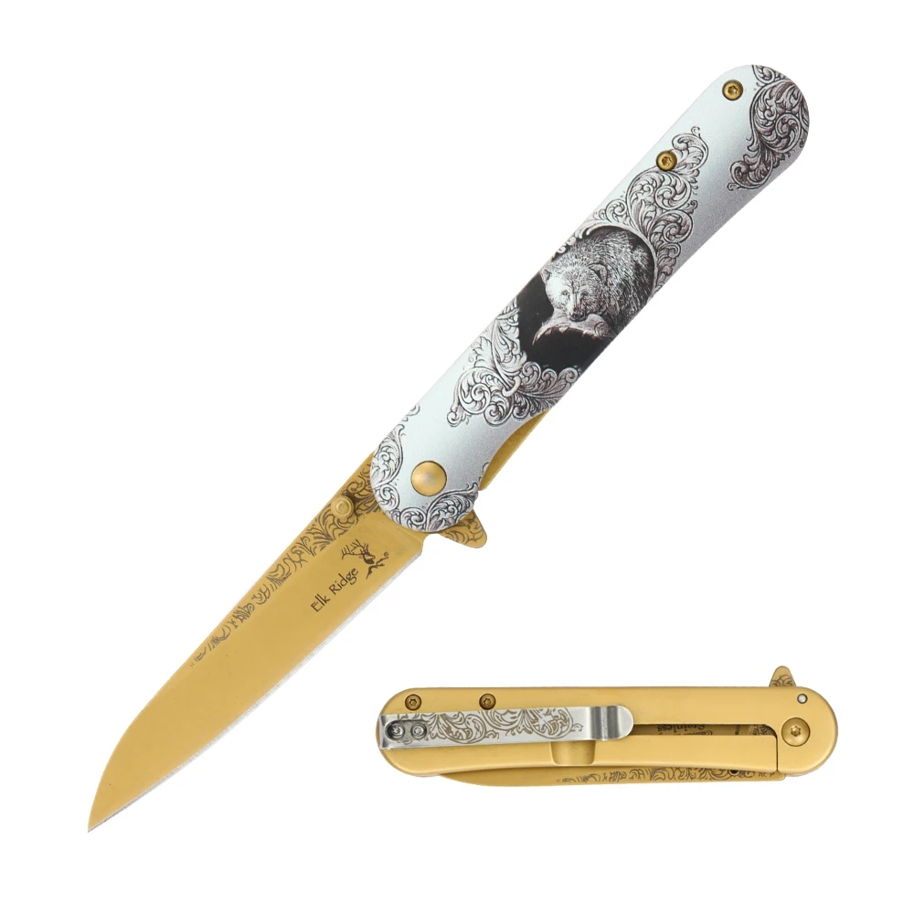 Elk Ridge Spring-Assisted Knife Bear 3.5in Gold TiNite Wharncliffe ER-A2007BR View 1