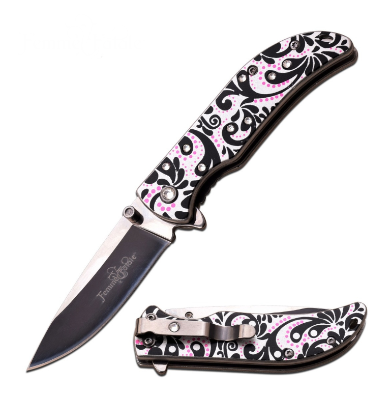 Femme Fatale Spring Assisted Folding Knife Black Pink Floral Paisley - Clear Gems FF-A012BP View 1