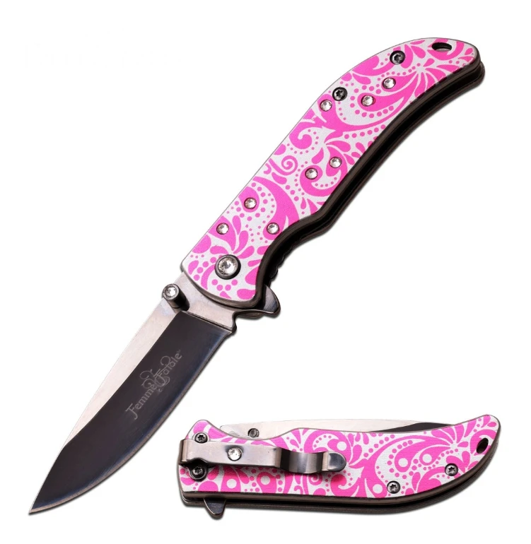 Femme Fatale Spring Assisted Folding Knife Pink Floral Paisley - Clear Gems FF-A012PK View 1