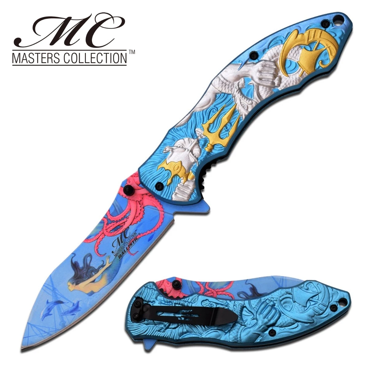 Masters Collection Assisted Knife Silver Gold Poseidon 3.75in Drop Point MC-A027SL View 1