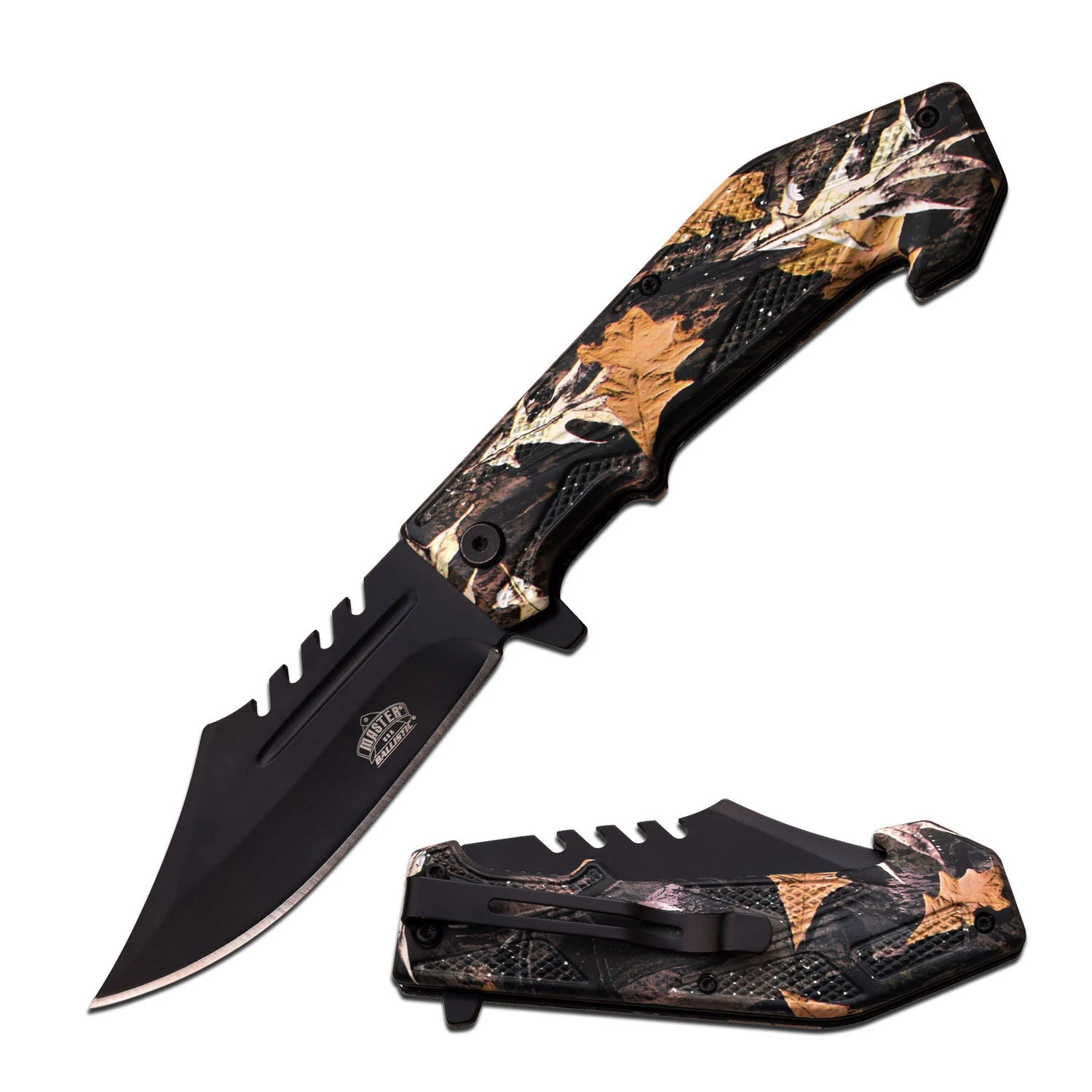Master USA Spring-Assisted Knife Dark Foliage Camo 3.75in Black Bowie MU-A042BC View 1