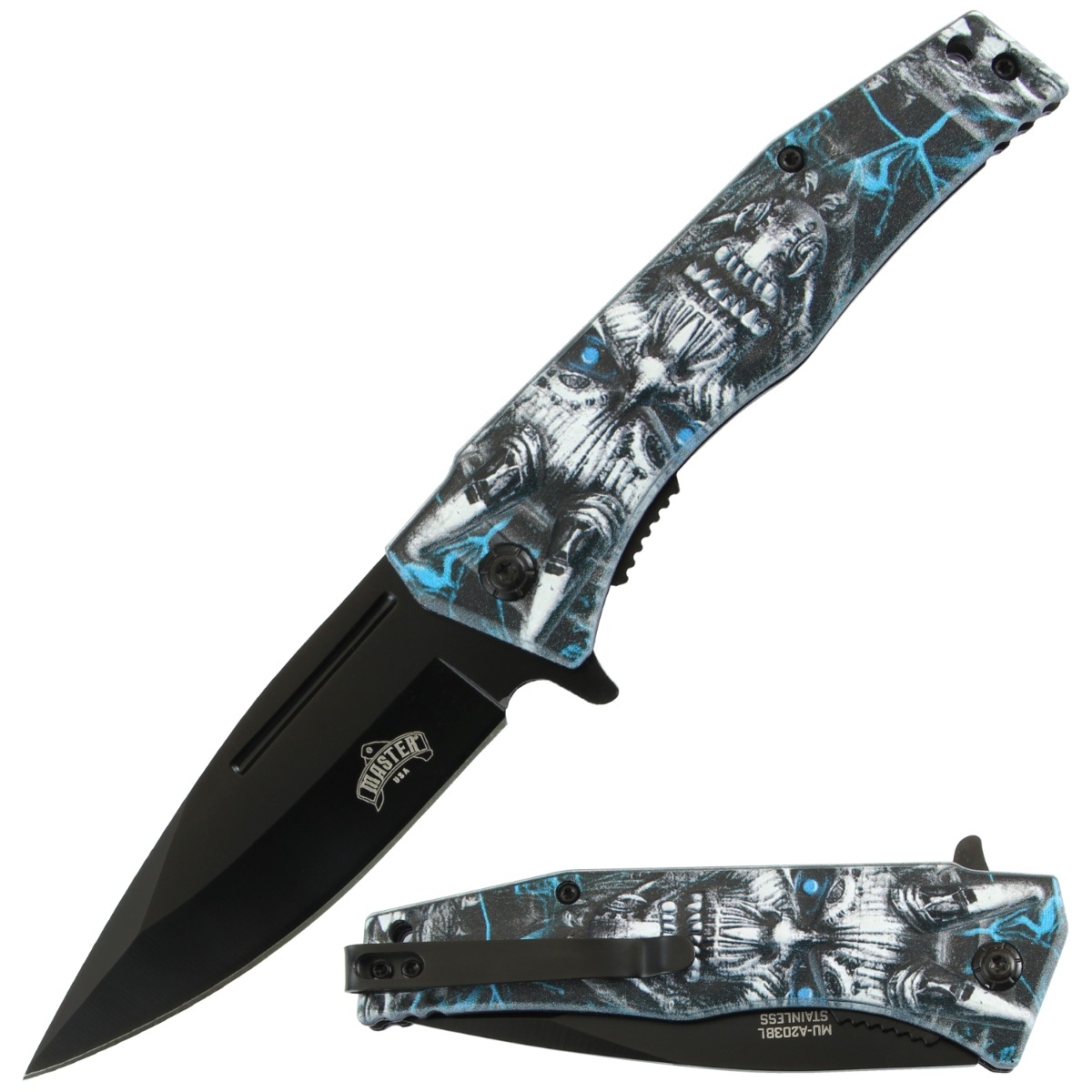 Master USA Spring-Assisted Knife Blue Cyber Demon 3.5in Black Drop Point MU-A203BL View 1