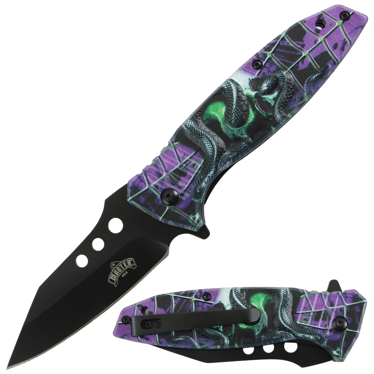 Master USA Spring-Assisted Knife Purple Snake Web 3.5in Black Drop Point MU-A204PP View 1