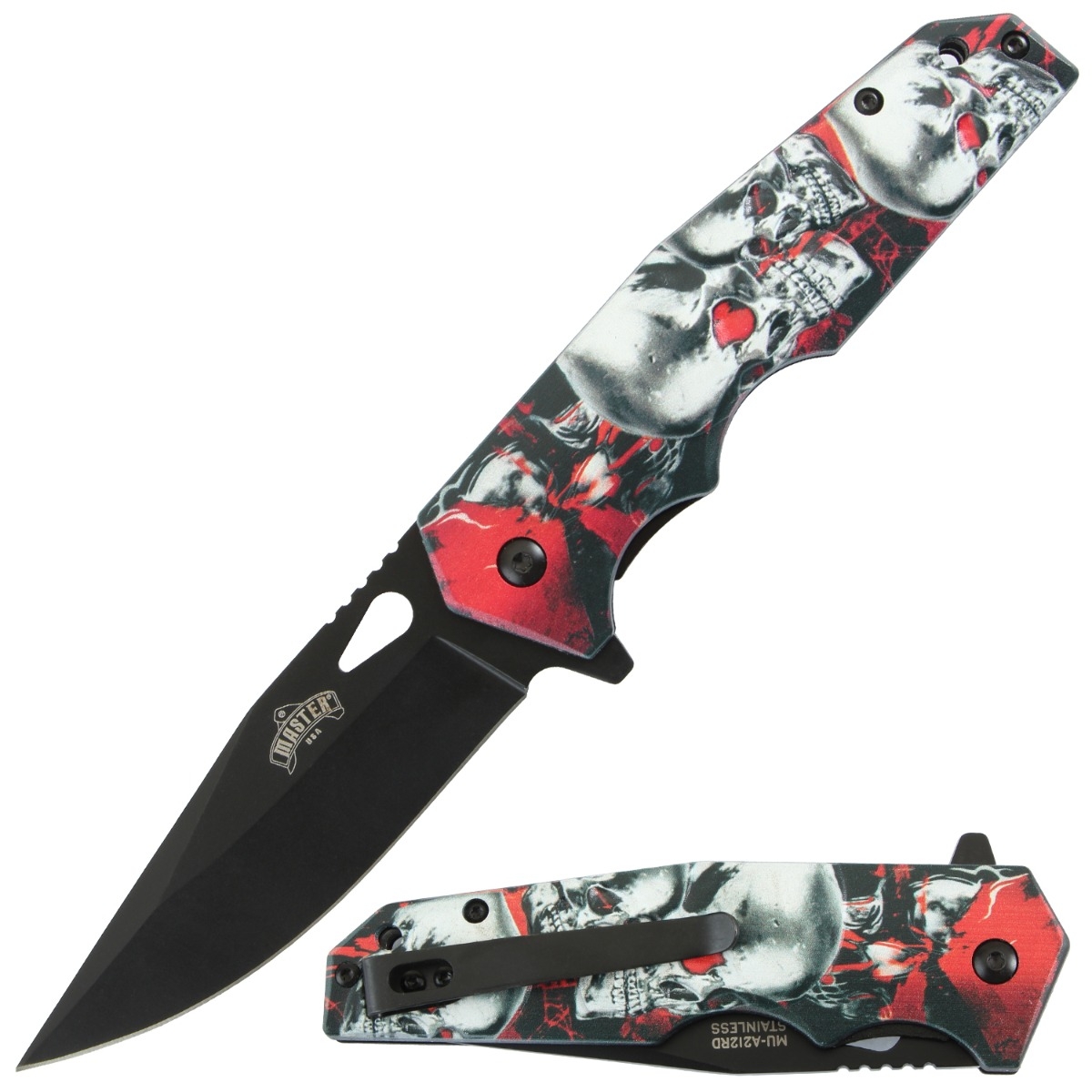 Master USA Spring-Assisted Knife Red Skulls 3.5in Black Drop Point MU-A212RD View 1