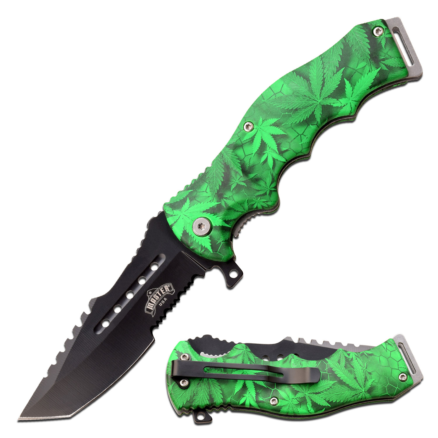 Master USA Spring Assisted Knife Green Leaf Camo Black Tanto MCMUA102GN View 1