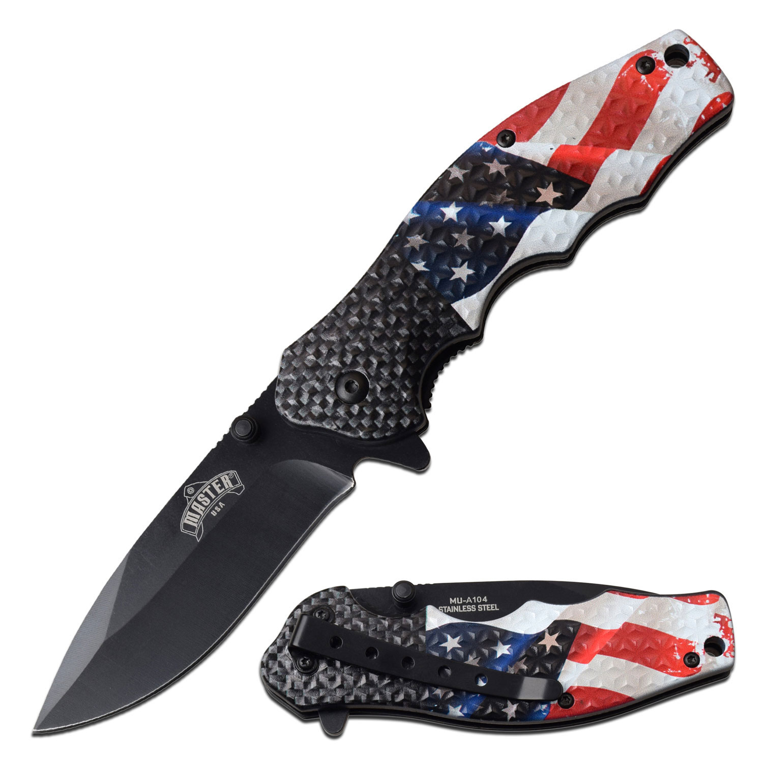 Master USA Spring Assisted Knife American Flag Printed ABS Drop Point MCMUA104AF View 1