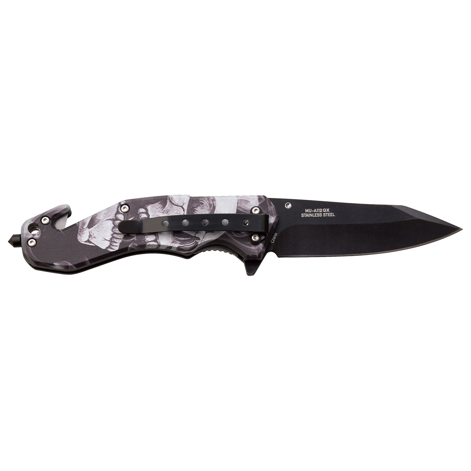 Master USA Spring-Assisted Knife Grey Skull 3.25in Black Drop Point MCMUA112GX View 3