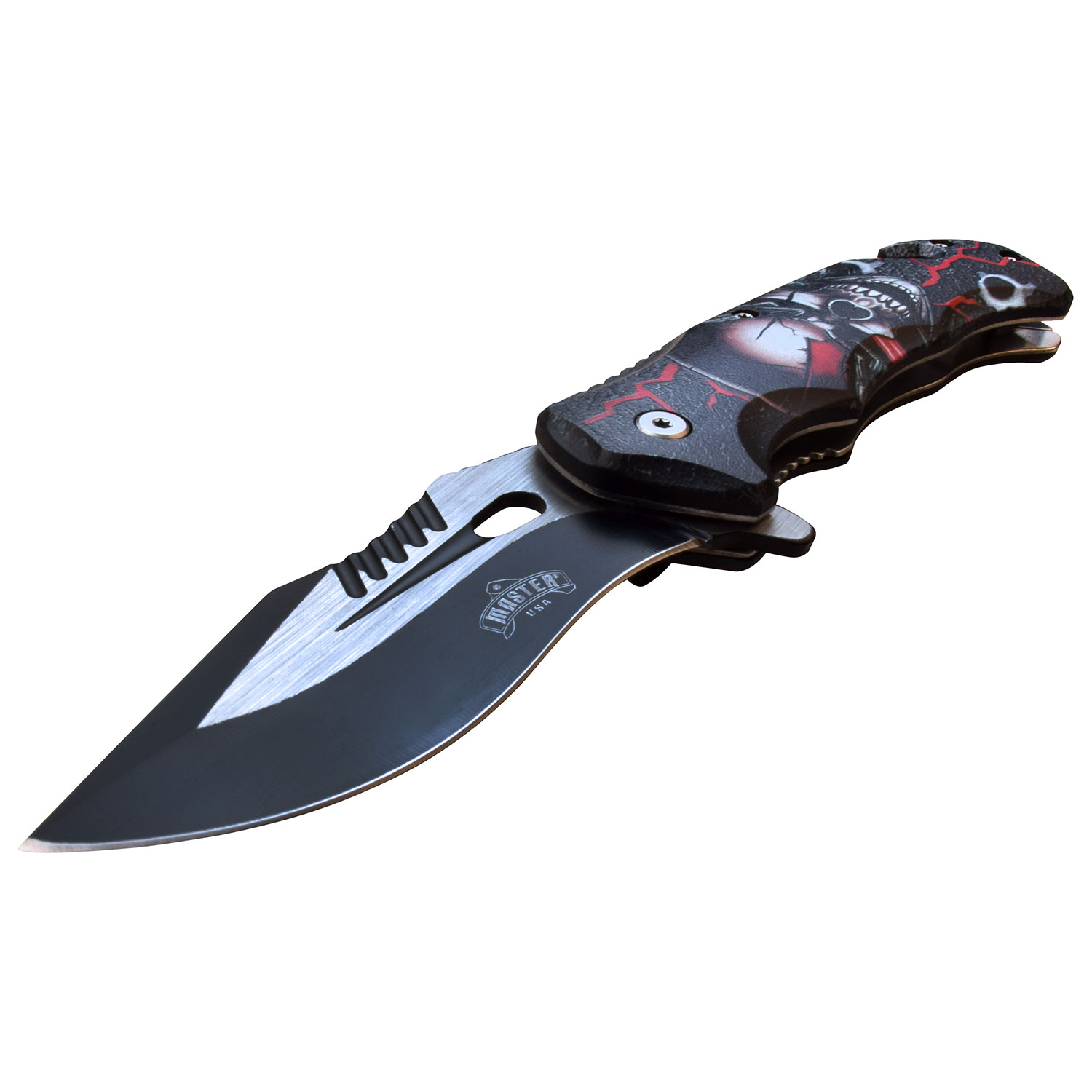 Master USA Spring-Assisted Knife Red Skull 3.75in Drop Point MCMUA116G View 2