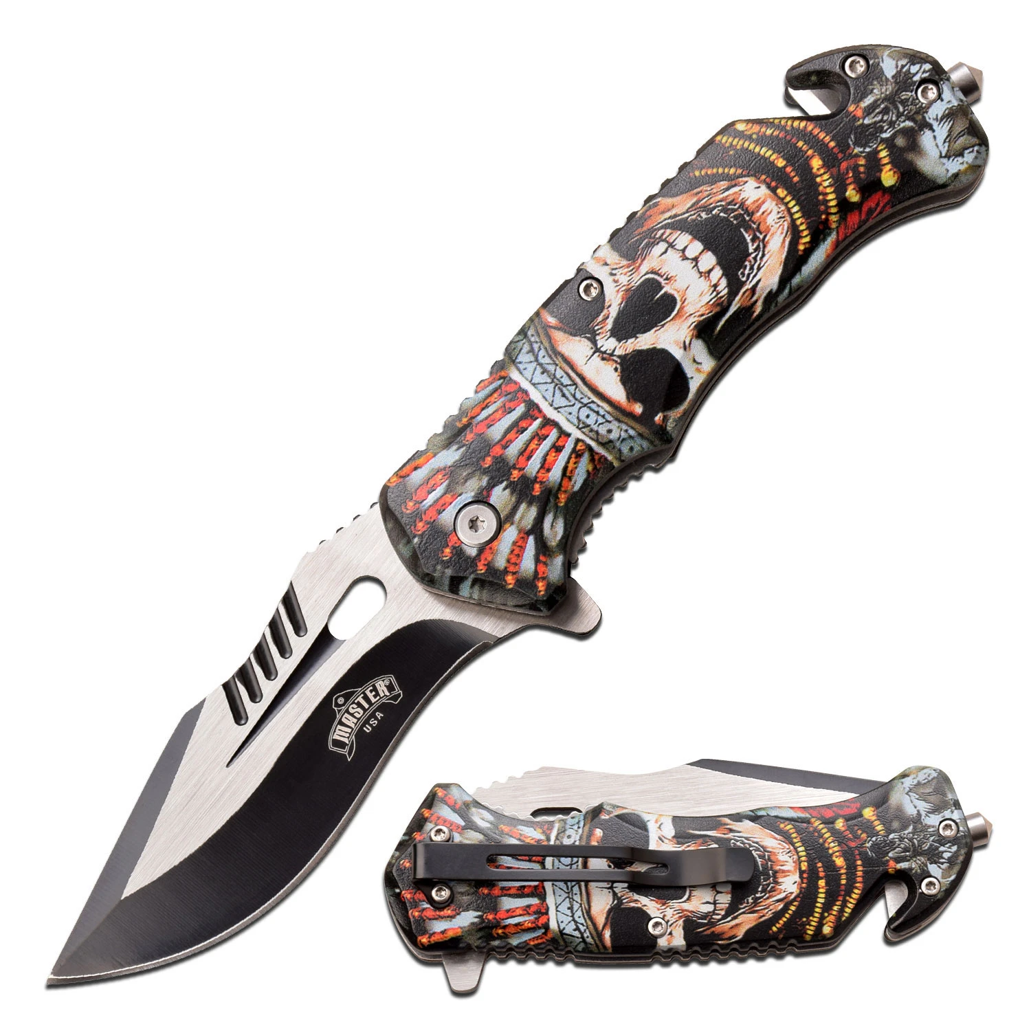 Master USA Spring-Assisted Knife Indian Skull ABS Drop Point MCMUA116J View 1