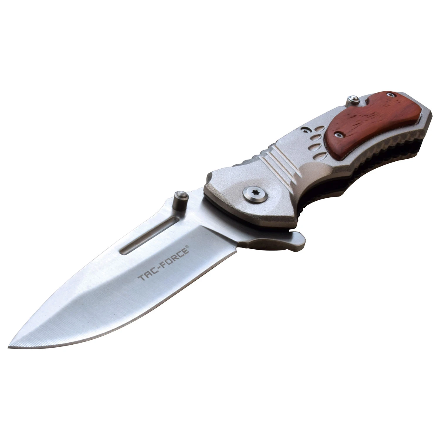Tac-Force Assisted Knife Silver Wood Multi-Tool Rescue Drop Point View 2