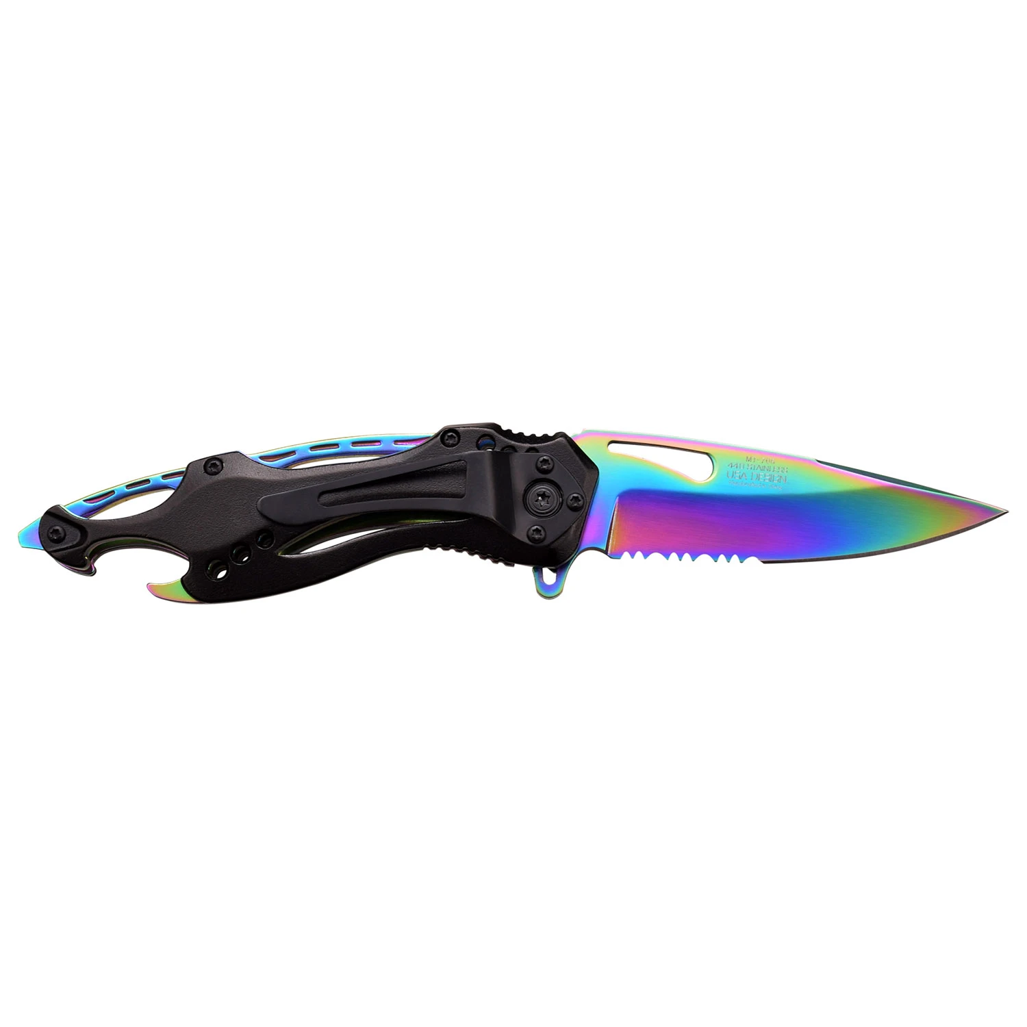 MTech USA Folding Knife Black Rainbow Serrated Drop Point Rescue MCMT705RB View 2