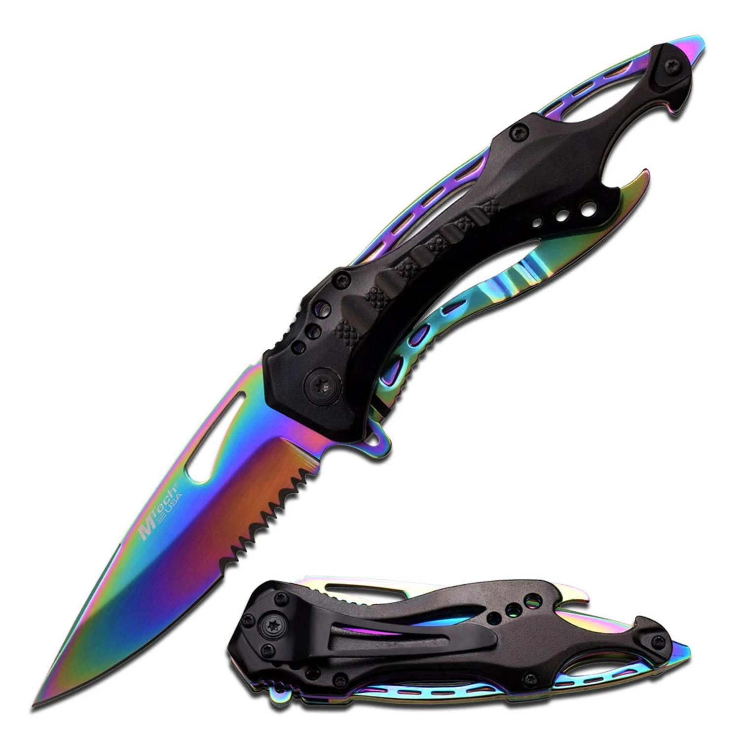 MTech USA Folding Knife Black Rainbow Serrated Drop Point Rescue MCMT705RB View 1