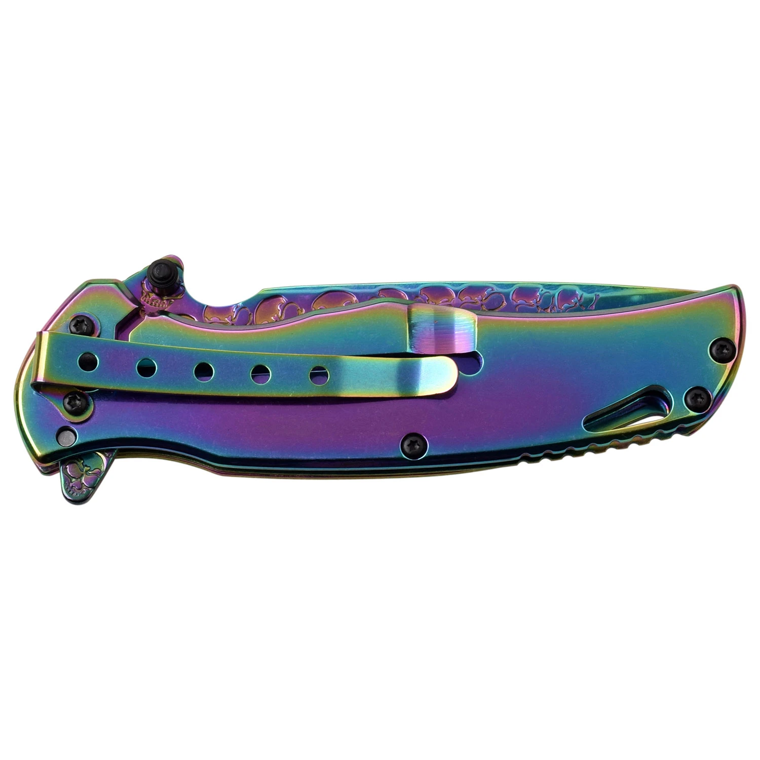 Dark Side Blades Assisted Knife Rainbow Titanium Skull Etched Two-Tone View 4