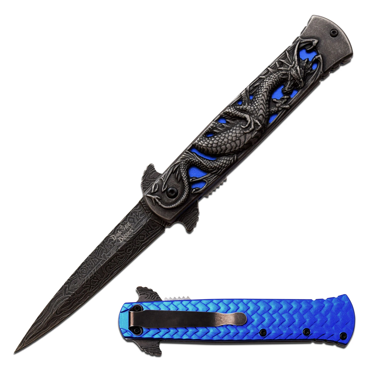 Dark Side Blades Assisted Knife Dragon Handle Blue Scales SW Dagger View 1