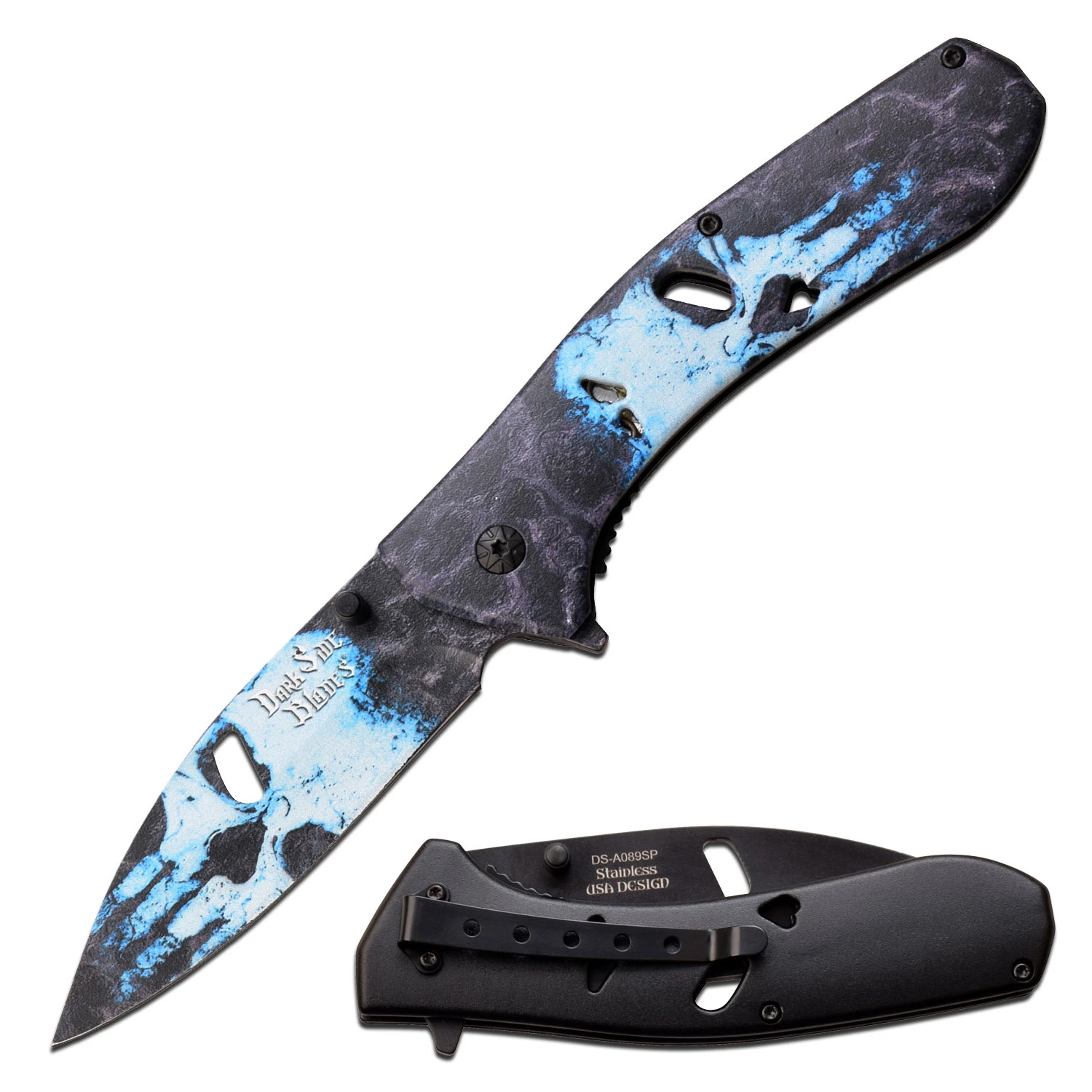 Dark Side Blades Blue Splash Skull Assisted Knife 3.5 in Drop Point MCDSA089SK View 1
