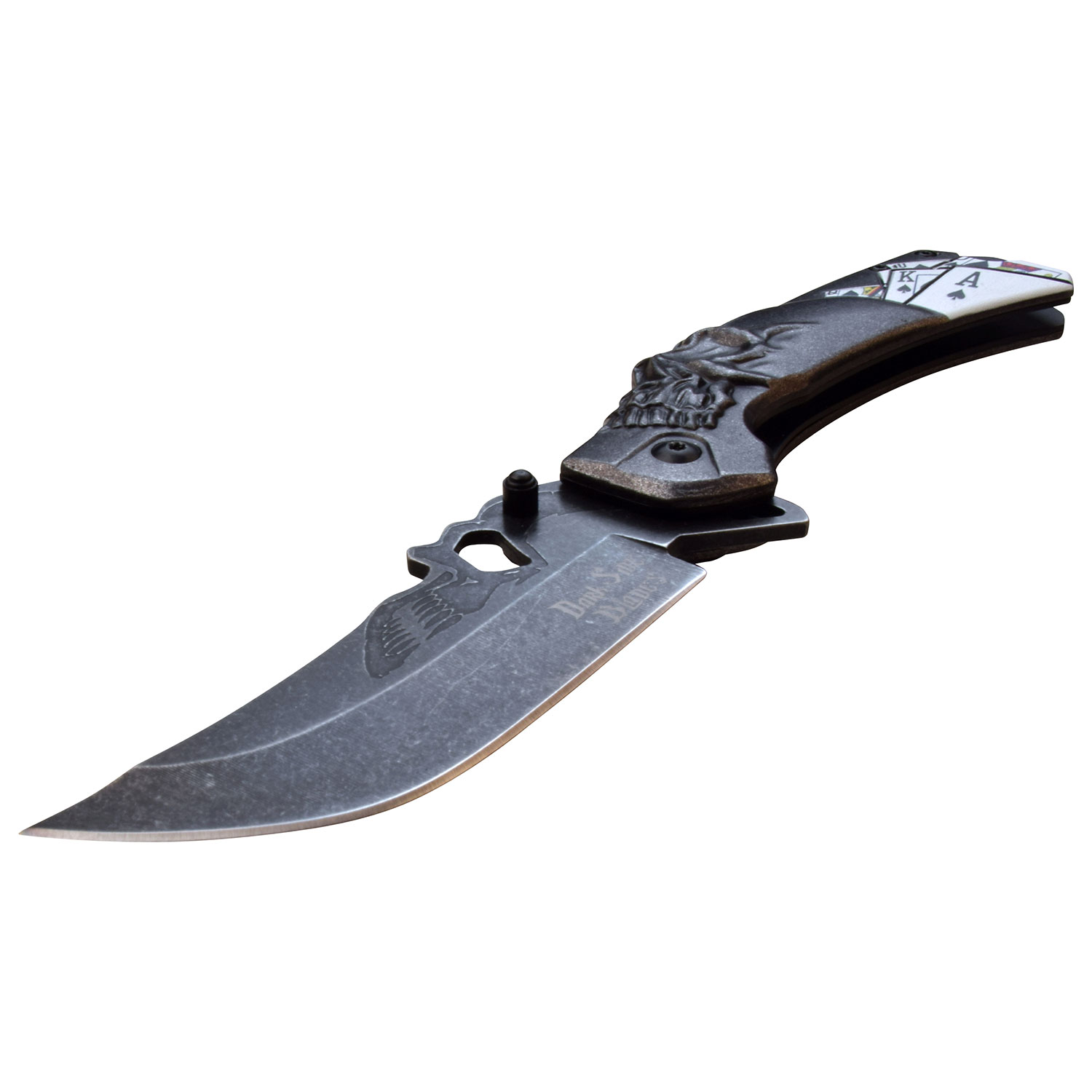 Dark Side Blades Royal Flush Skull Assisted Knife Stonewash 3.5 in Tanto MCDSA091SP View 2
