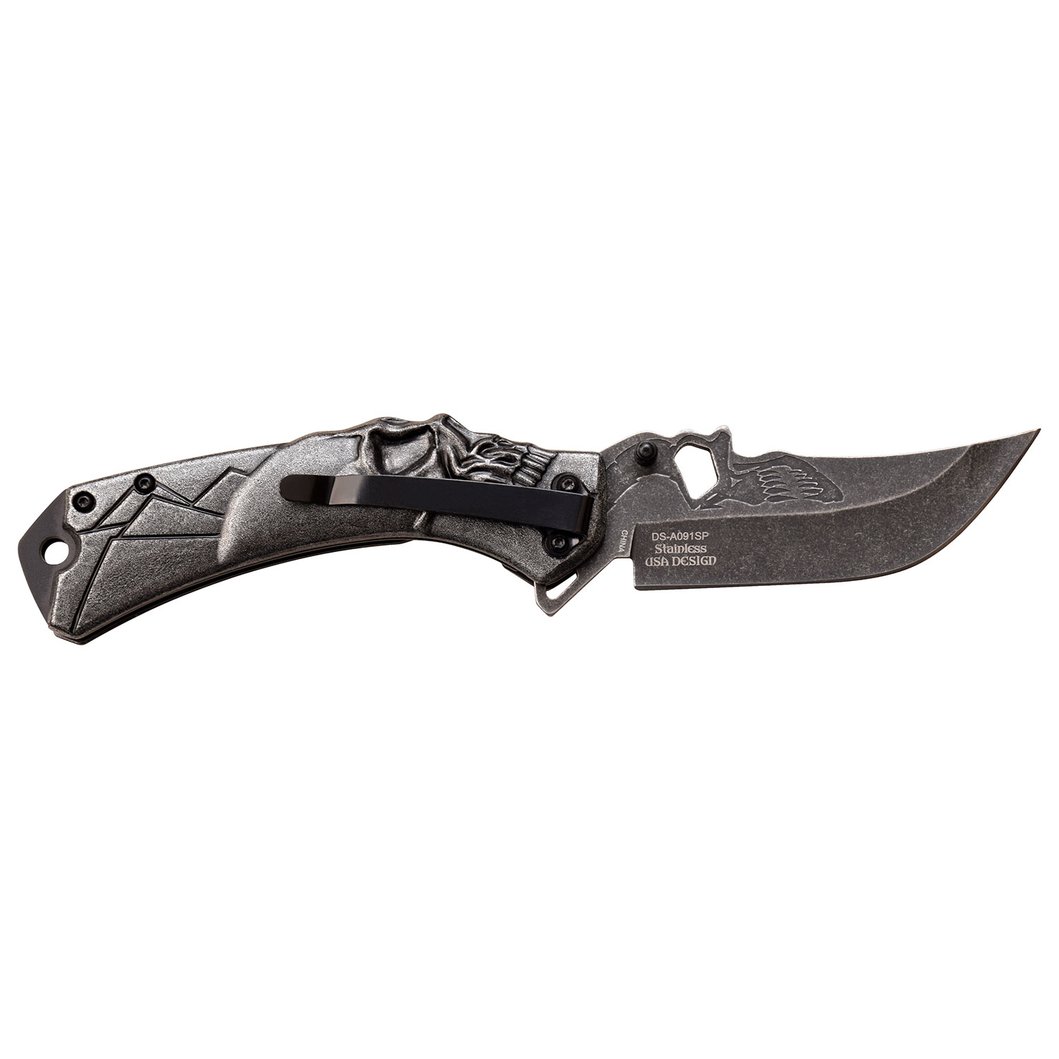 Dark Side Blades Royal Flush Skull Assisted Knife Stonewash 3.5 in Tanto MCDSA091SP View 3
