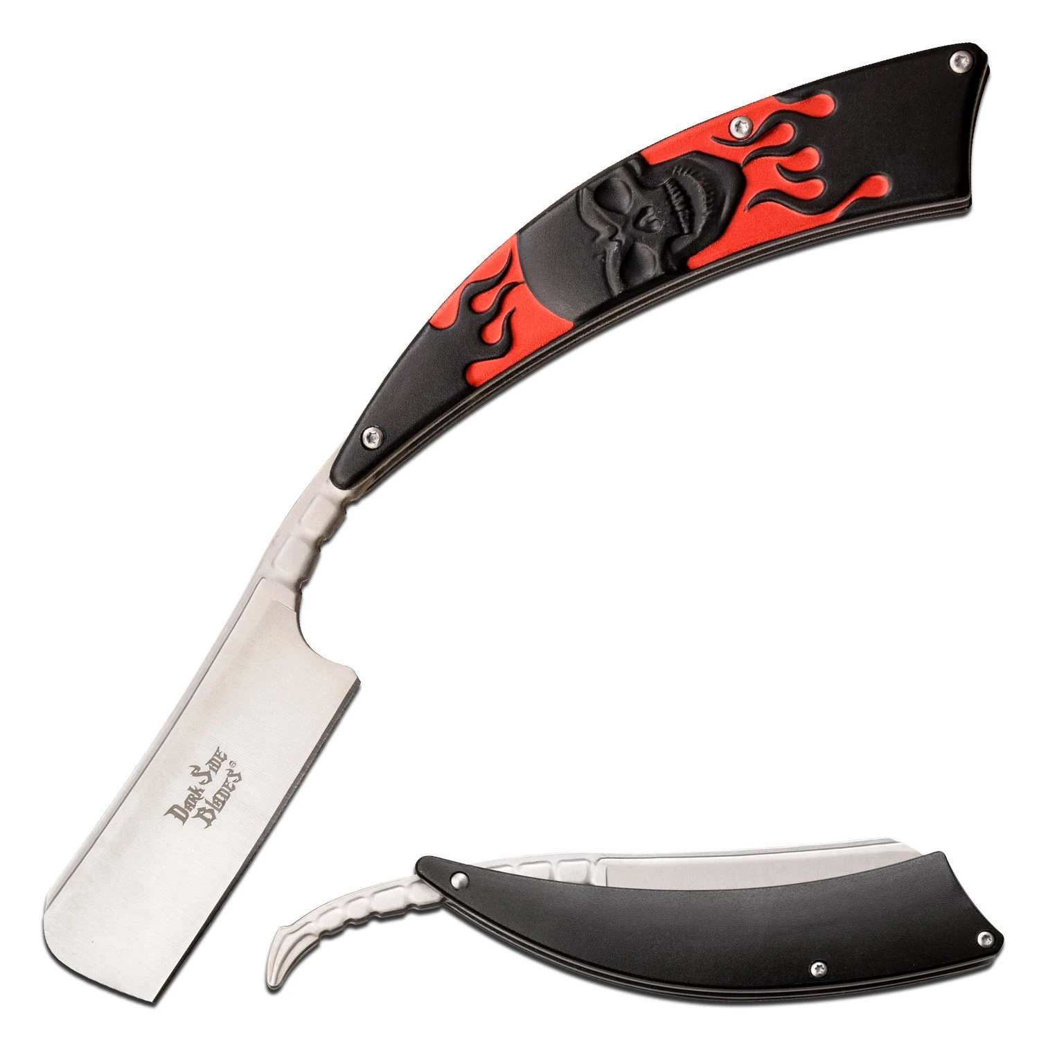 Dark Side Blades Folding Knife Red Flaming Skull Satin Razor View 1