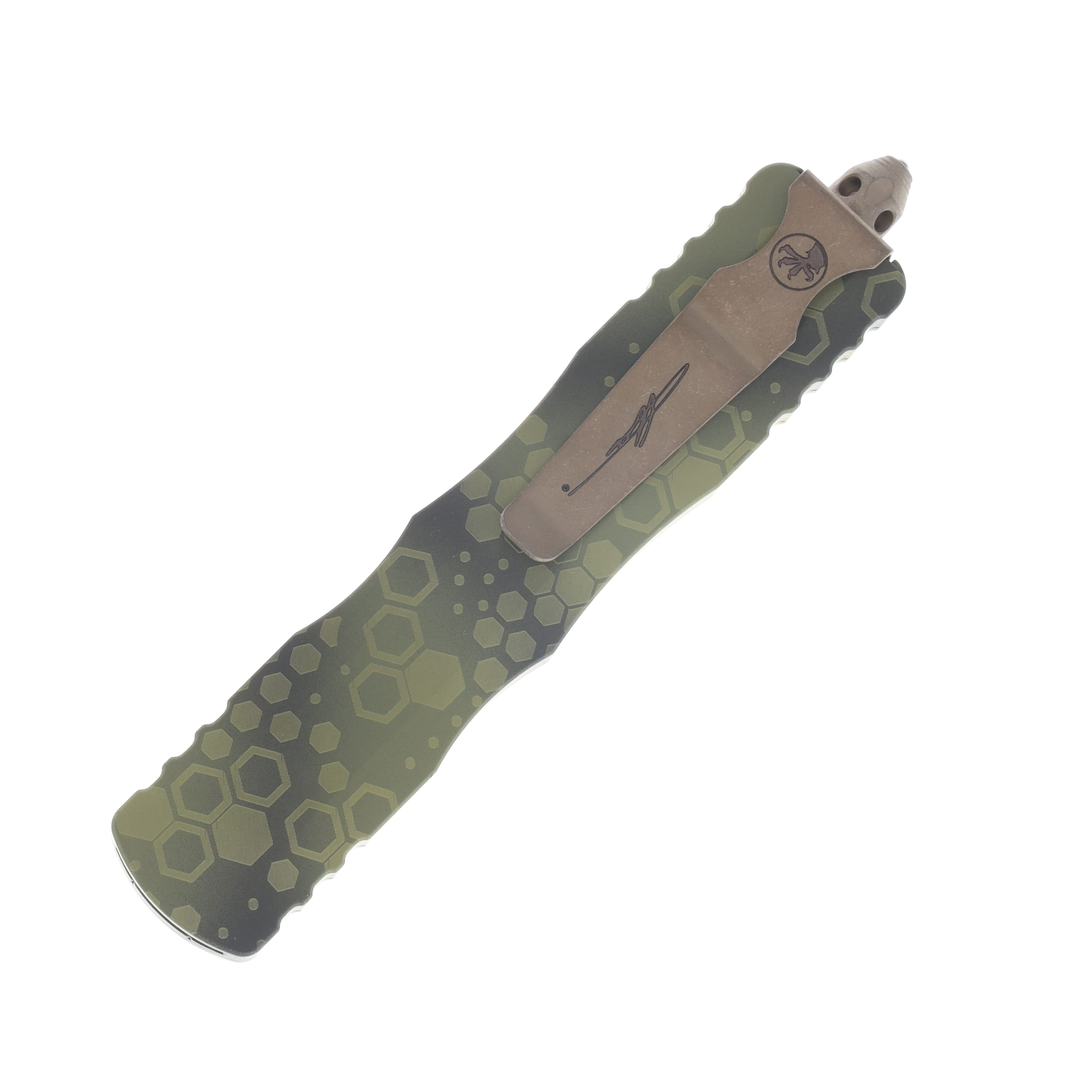 Microtech Dirac Signature Series OTF Automatic Bronze Apocalyptic D/E Bazooka Hex Camo AUMT227-13APBOHXCS View 4