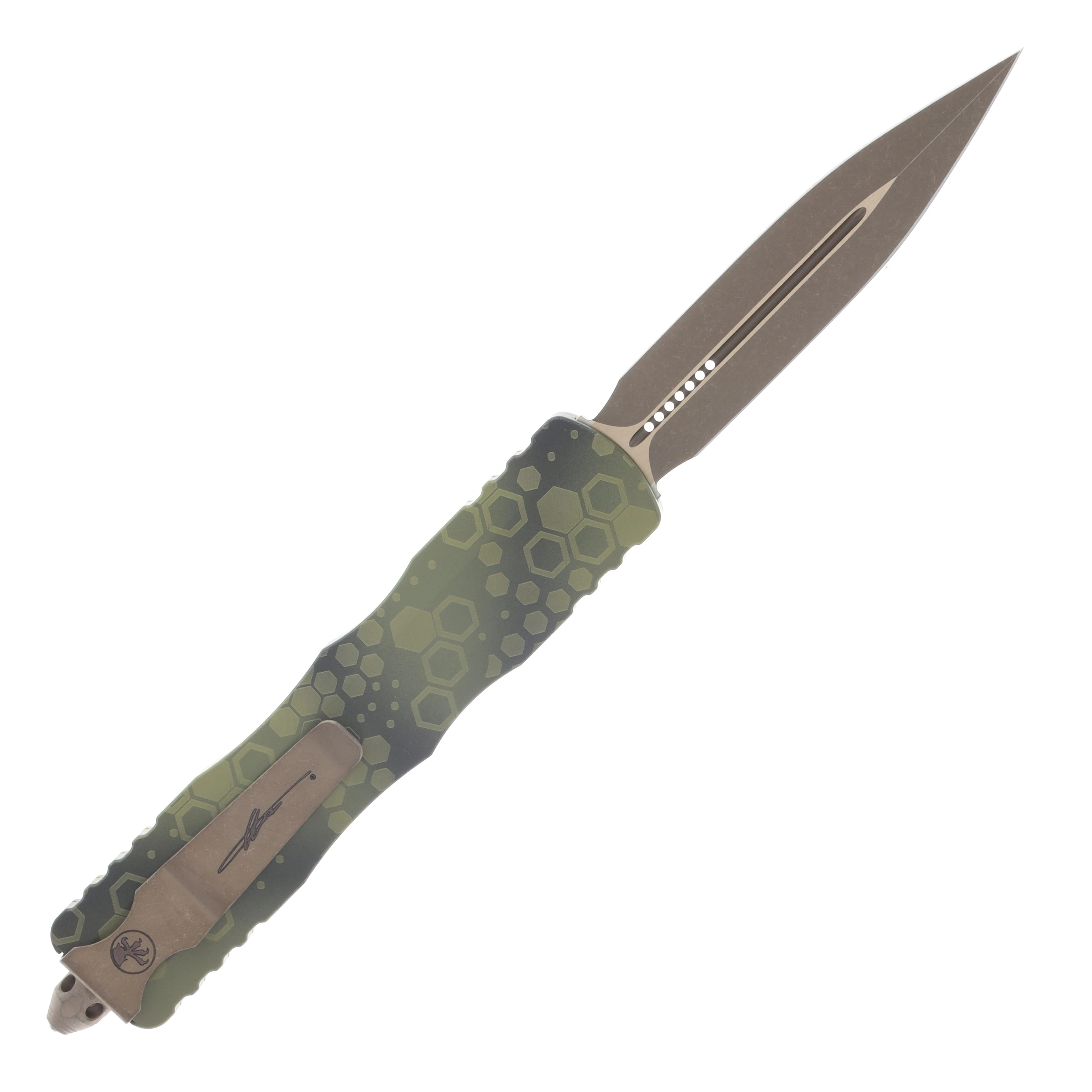 Microtech Dirac Signature Series OTF Automatic Bronze Apocalyptic D/E Bazooka Hex Camo AUMT227-13APBOHXCS View 2