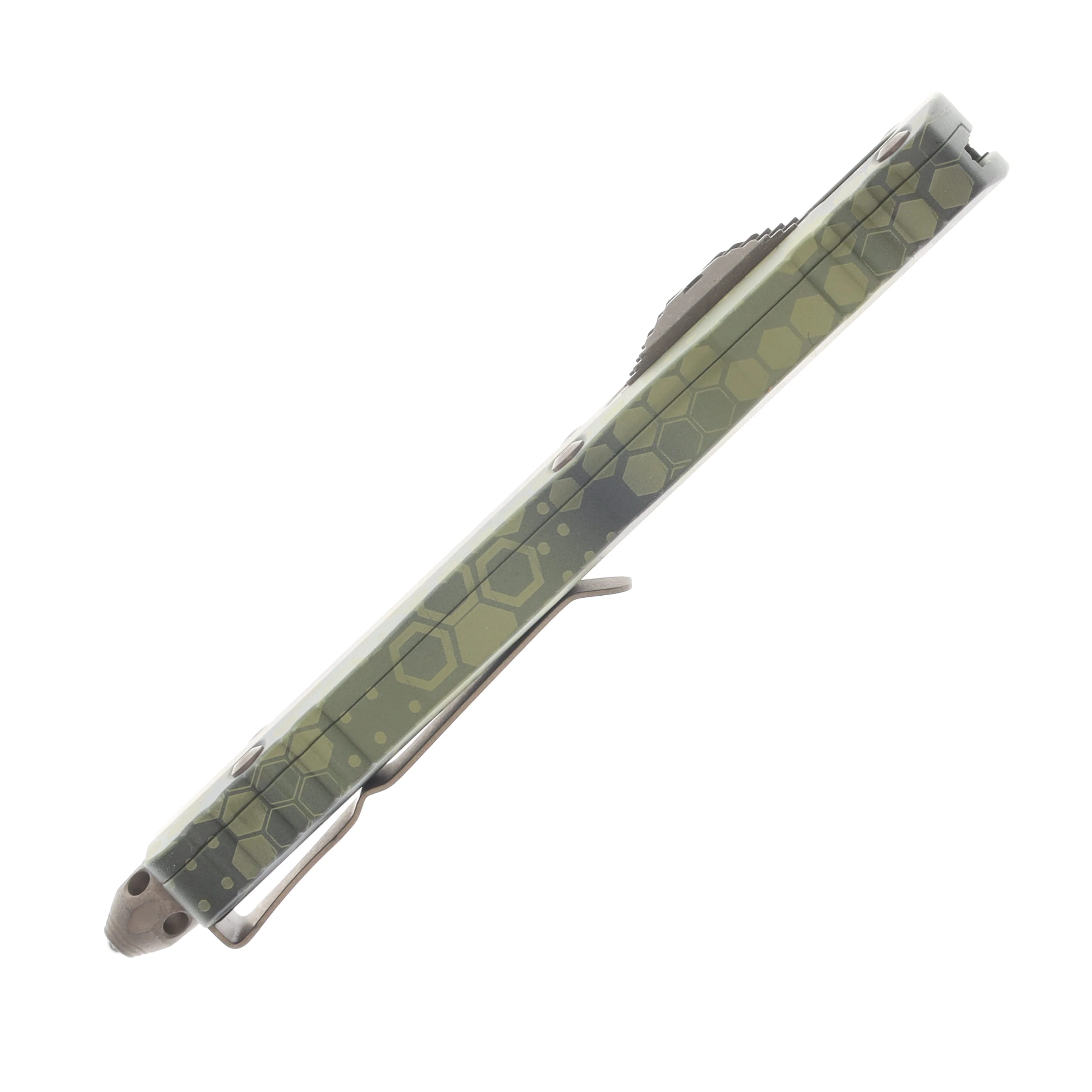 Microtech Dirac Signature Series OTF Automatic Bronze Apocalyptic D/E Bazooka Hex Camo AUMT227-13APBOHXCS View 6