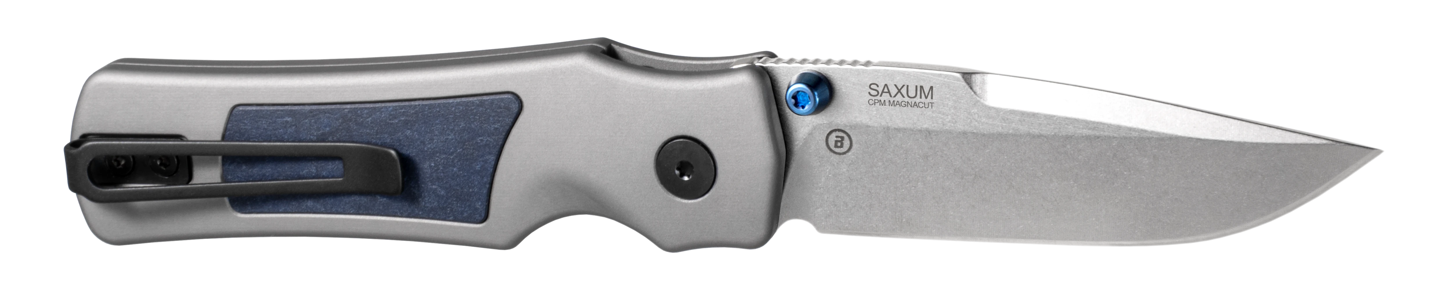 Hogue Saxum Button Lock Folding Knife Tumbled Magnacut/Gray Aluminum with Blue Canyon Richlite Insert View 2