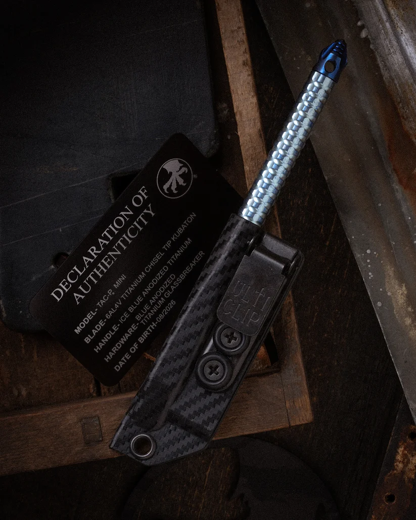 Microtech TAC-P Mini TI Chisel Tip Kubaton  Ice Blue ANO TI Blue Anodized TI Glassbreaker MT112MMS3 View 3