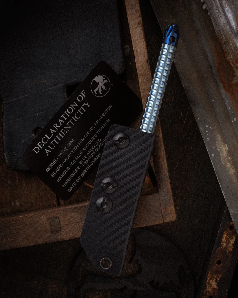 Microtech TAC-P Mini TI Chisel Tip Kubaton  Ice Blue ANO TI Blue Anodized TI Glassbreaker MT112MMS3 View 2