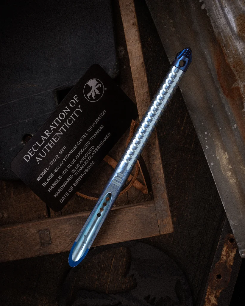 Microtech TAC-P Mini TI Chisel Tip Kubaton  Ice Blue ANO TI Blue Anodized TI Glassbreaker MT112MMS3 View 1