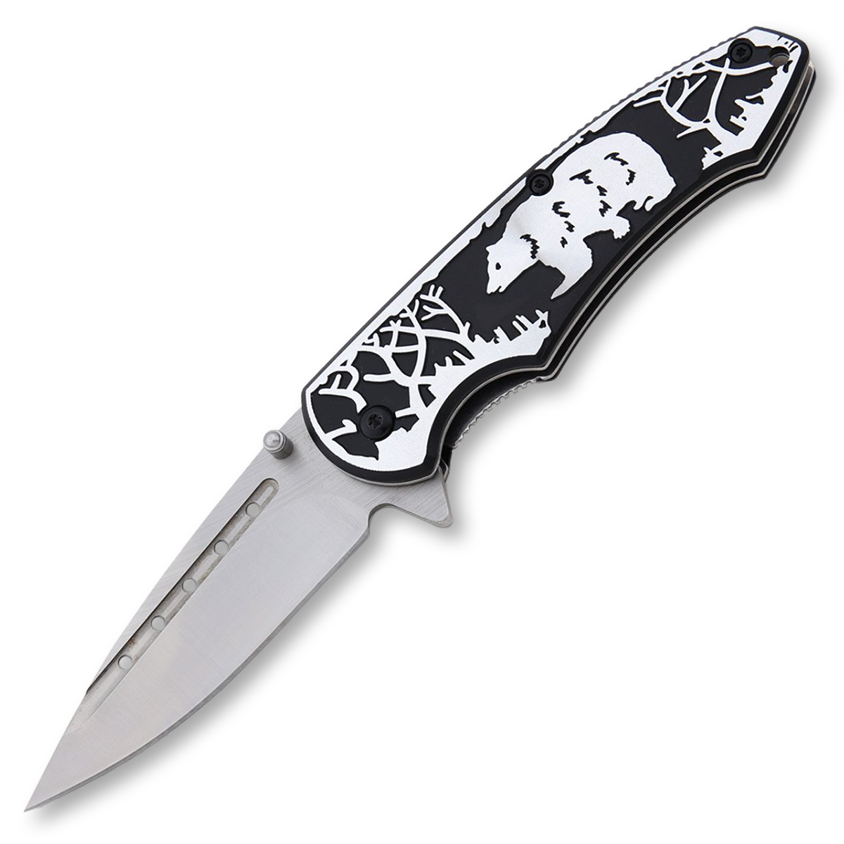 Szco Black and Silver Bear Assisted Folding Knife 3.12in Drop Point 300268BK View 1