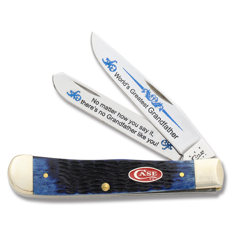 Case XX World's Greatest Grandfather Blue Jigged Bone Trapper Folding Knife CABBGRANDFA View 1
