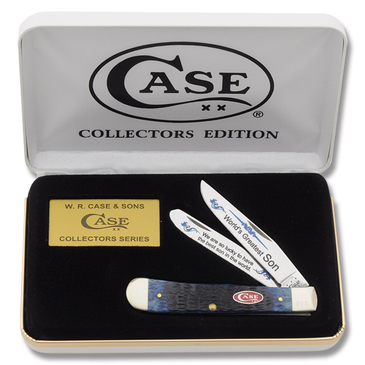 Case XX World's Greatest Son Blue Jigged Bone Trapper Folding Knife CABBSON View 2