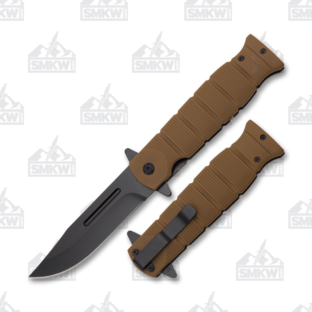 SZCO Supplies Brown Combat Linerlock Folding Knife 3.5in Clip Point Blade 300480BR View 1