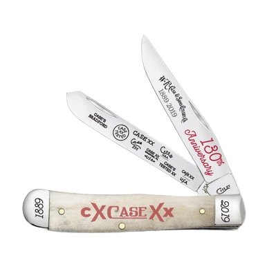 Case "CXXX" 130th Anniversary Natural Bone Trapper Folding Knife Embellished Blades CAT130SBR View 2