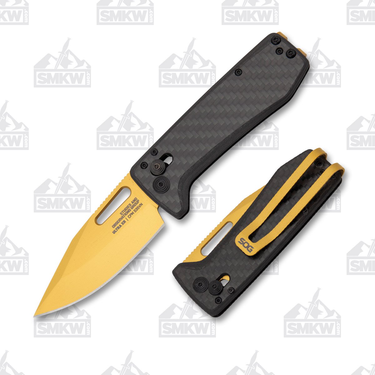 SOG Ultra XR Carbon and Gold Folding Knife 2.8in Clip Point Gold Blade SOG12630257 View 1