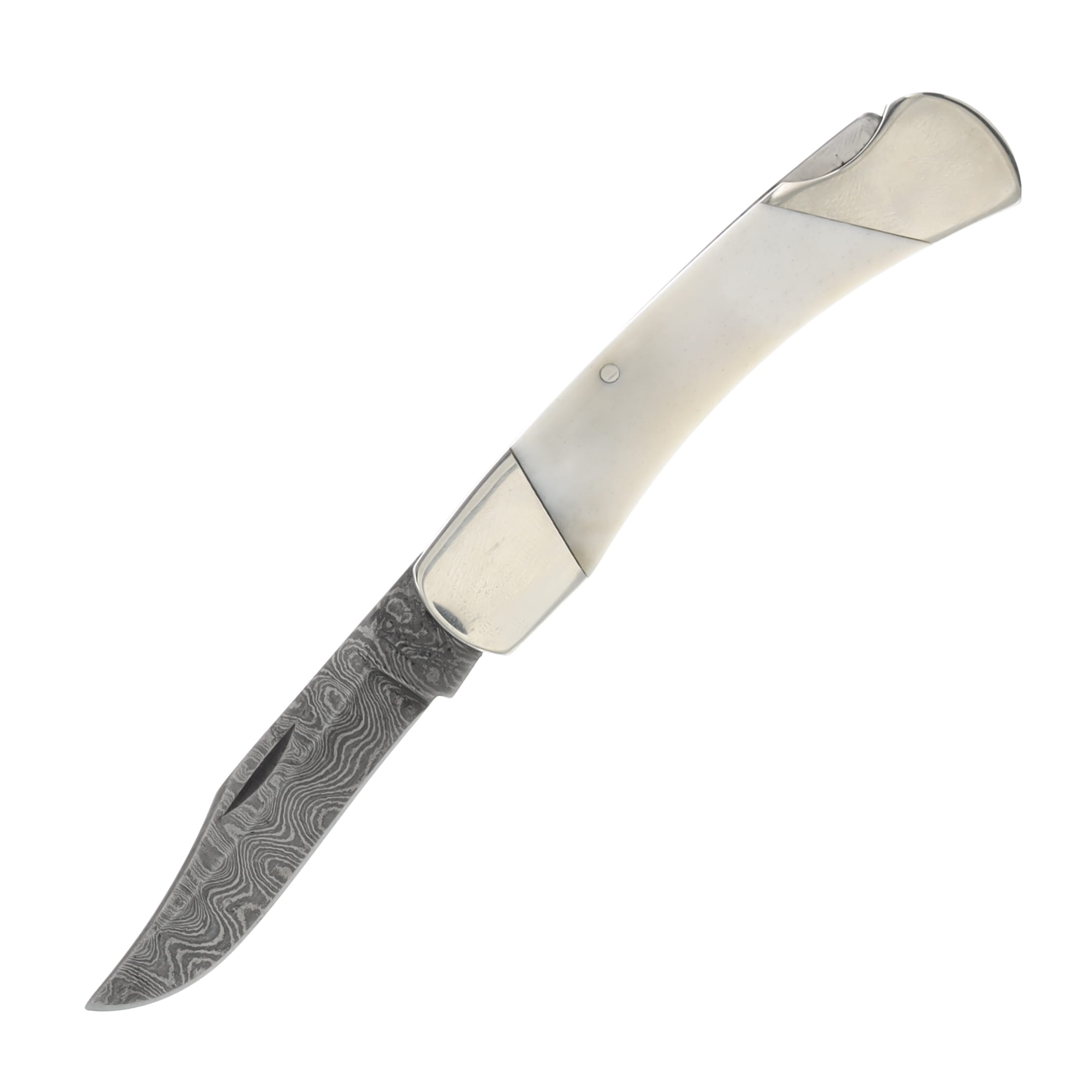 Bear & Son Damascus/White Smooth Bone Midsize Lockback Folding Knife BRWSB05D View 1