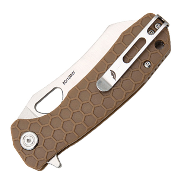 Honey Badger Medium Flipper Knife Tan 3.19in Plain Satin Wharncleaver HB1039 View 4