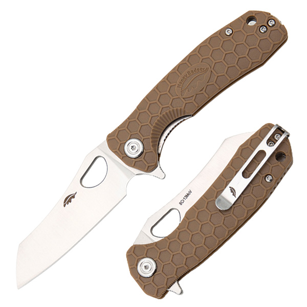 Honey Badger Medium Flipper Knife Tan 3.19in Plain Satin Wharncleaver HB1039 View 1