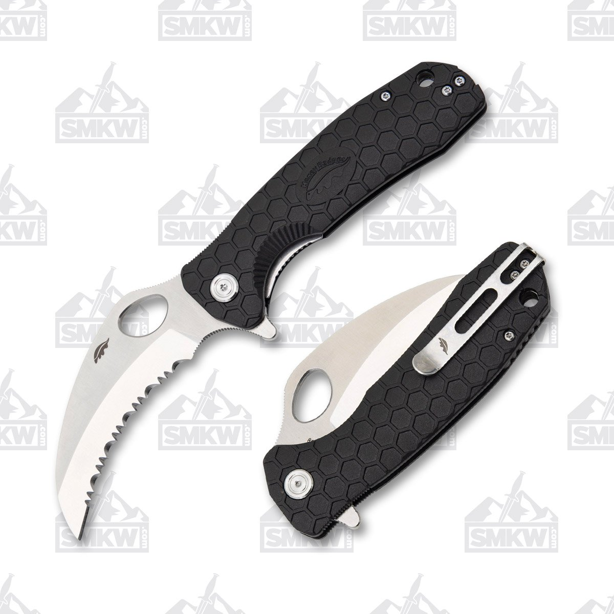 Honey Badger Large Claw Serrated Folding Knife Black 3.38in Satin Blade HB1111 View 1