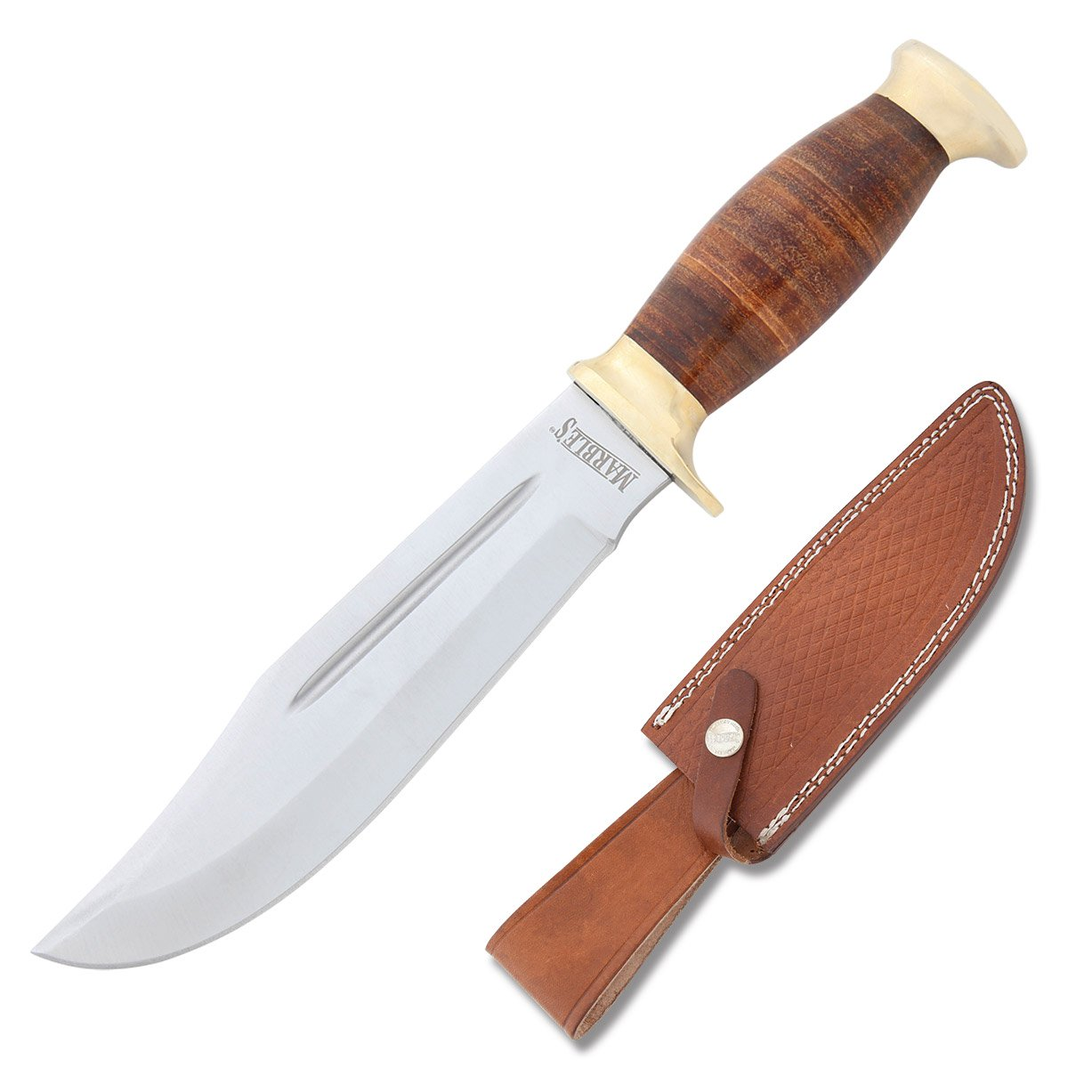 Marbles Stacked Leather Fixed Blade Hunter 7in Satin Clip Point MR556 View 1