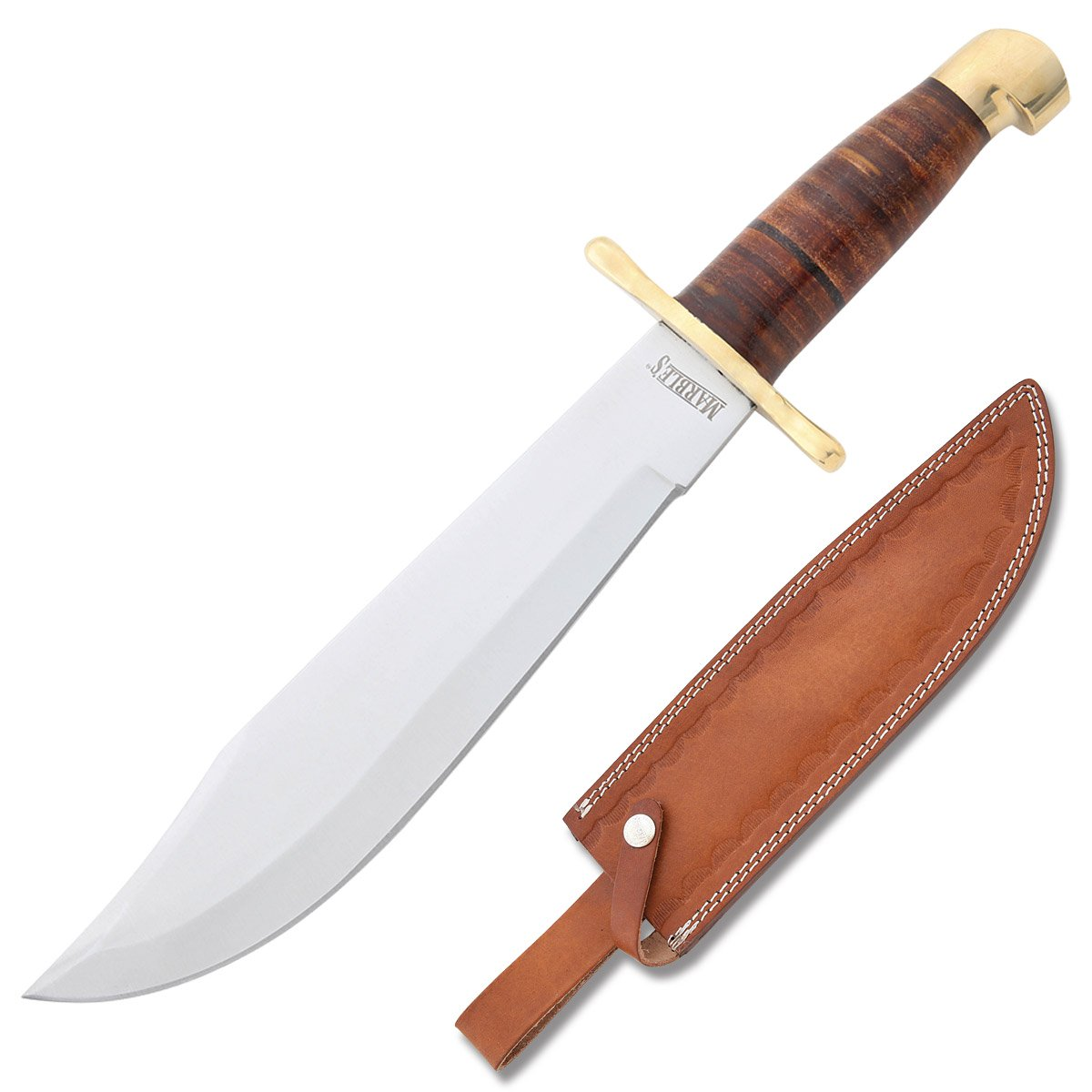 Marbles Stacked Leather Bowie Fixed Blade 9.75in Satin Clip Point MR555 View 1