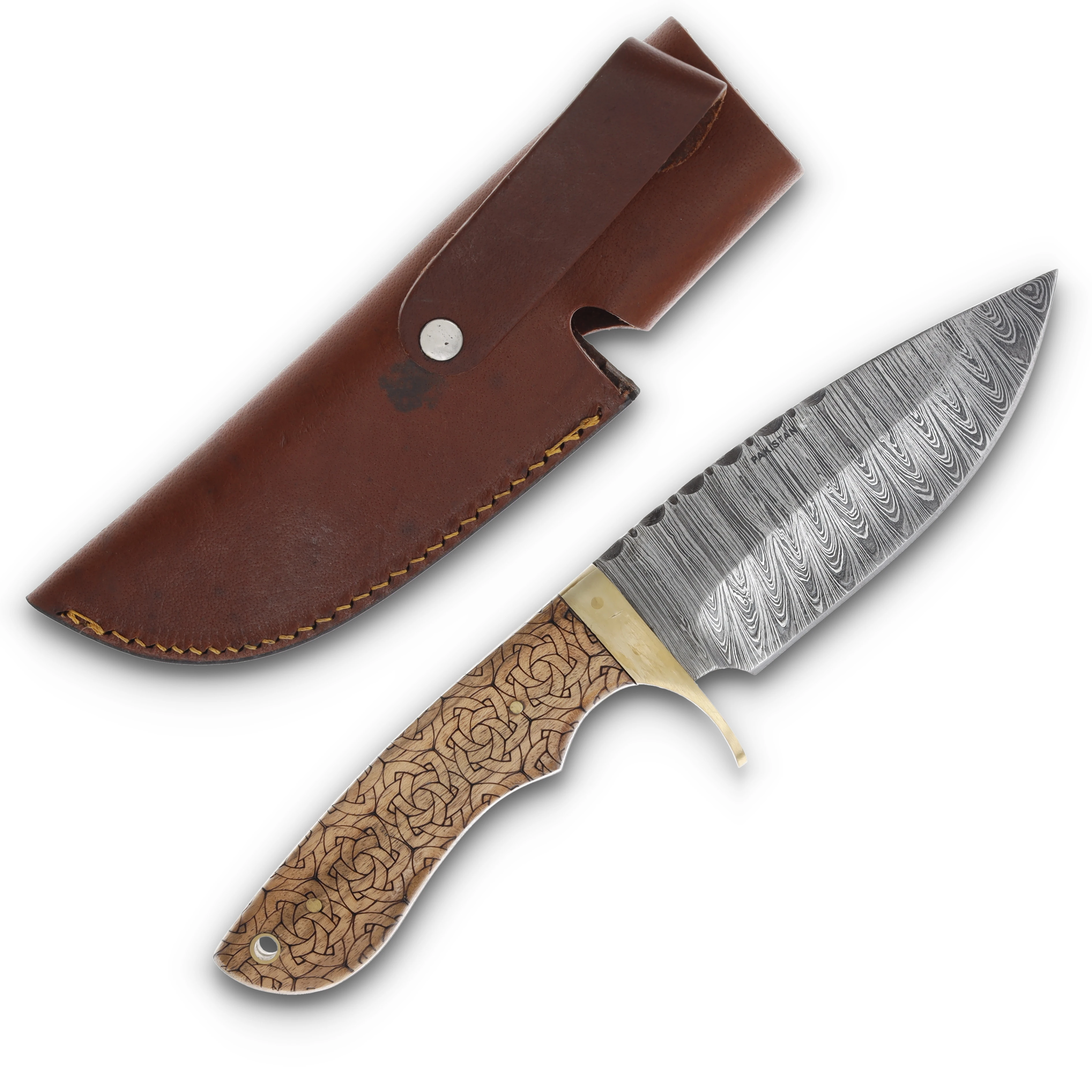 Szco Celtic Knot Fixed Blade Knife Damascus/Wood Grain with Leather Sheath DM1208 View 2