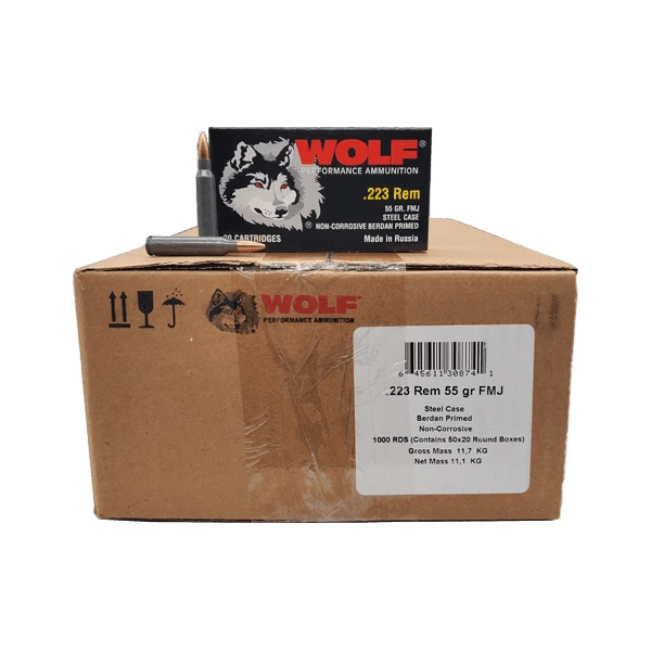 Wolf Performance .223 Rem 55gr FMJ Polymer Coated Steel 1000 Rds Case WF22355WFMJC View 1