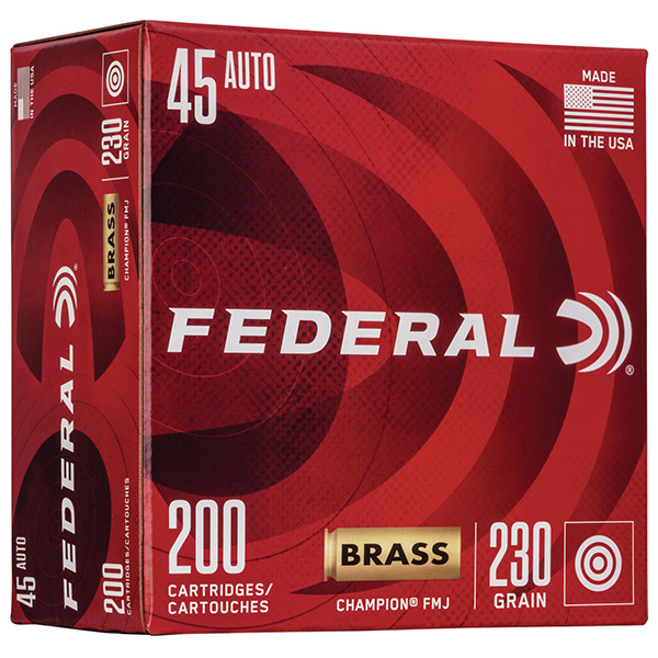 Federal Champion Training 45 ACP Handgun Ammo 200 Rounds Brass Centerfire 230 Grain Brass Champion FMJ WM52332 View 1