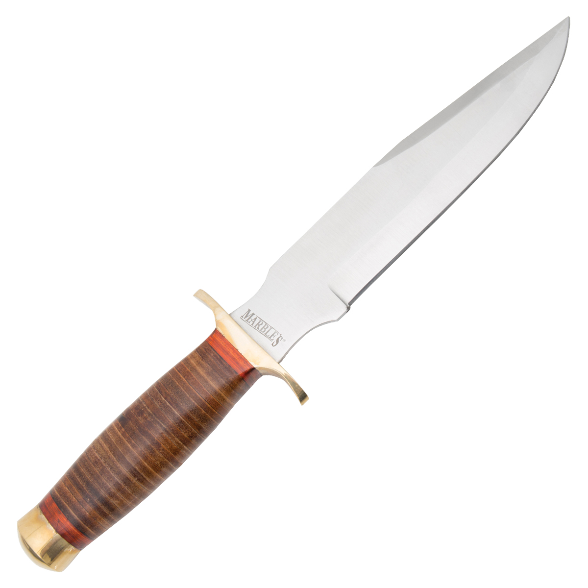 Marbles Bowie Fixed Blade Stacked Leather 9in Plain Satin Clip Point MR577 View 1